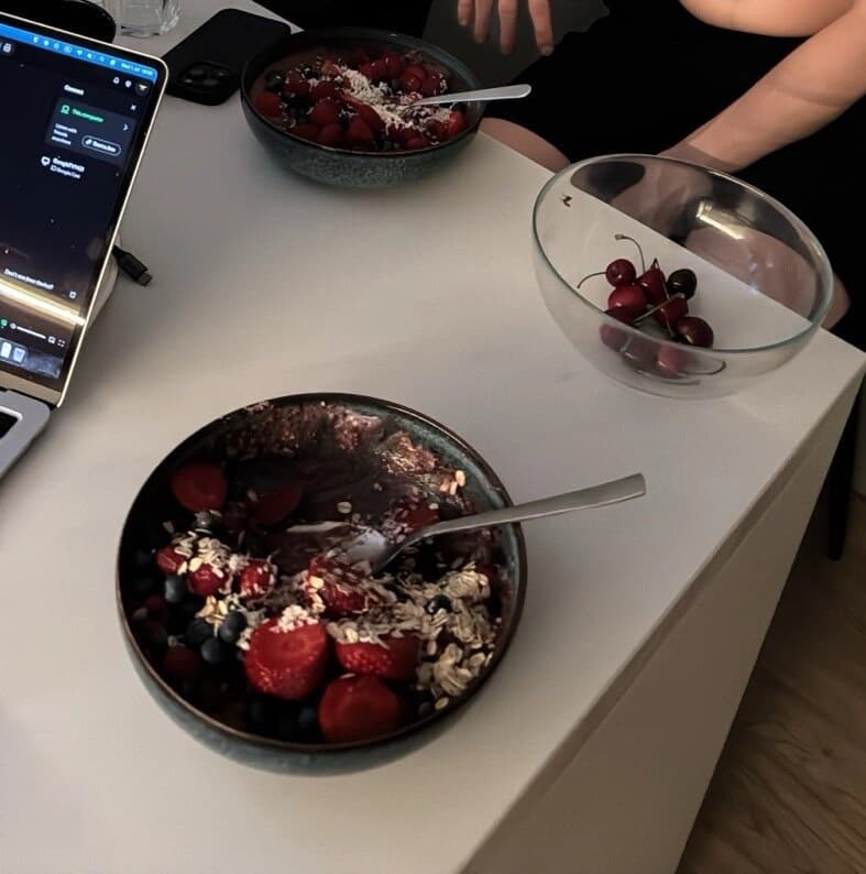 Miska Puding obok laptopa przy pracy