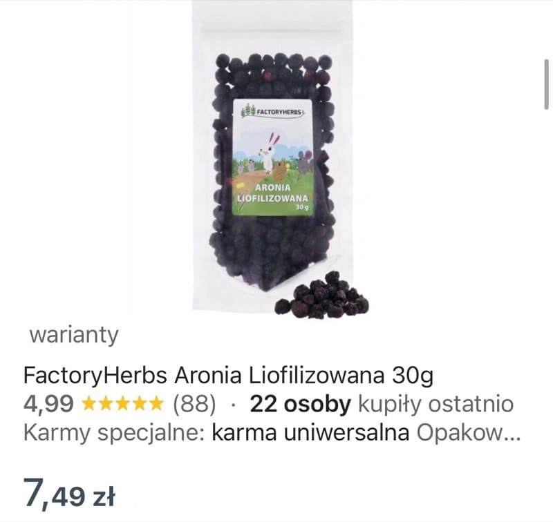 Zrzut ekranu aukcji: Aronia liofilizowana, opakowanie 30 g, 7,49 zł