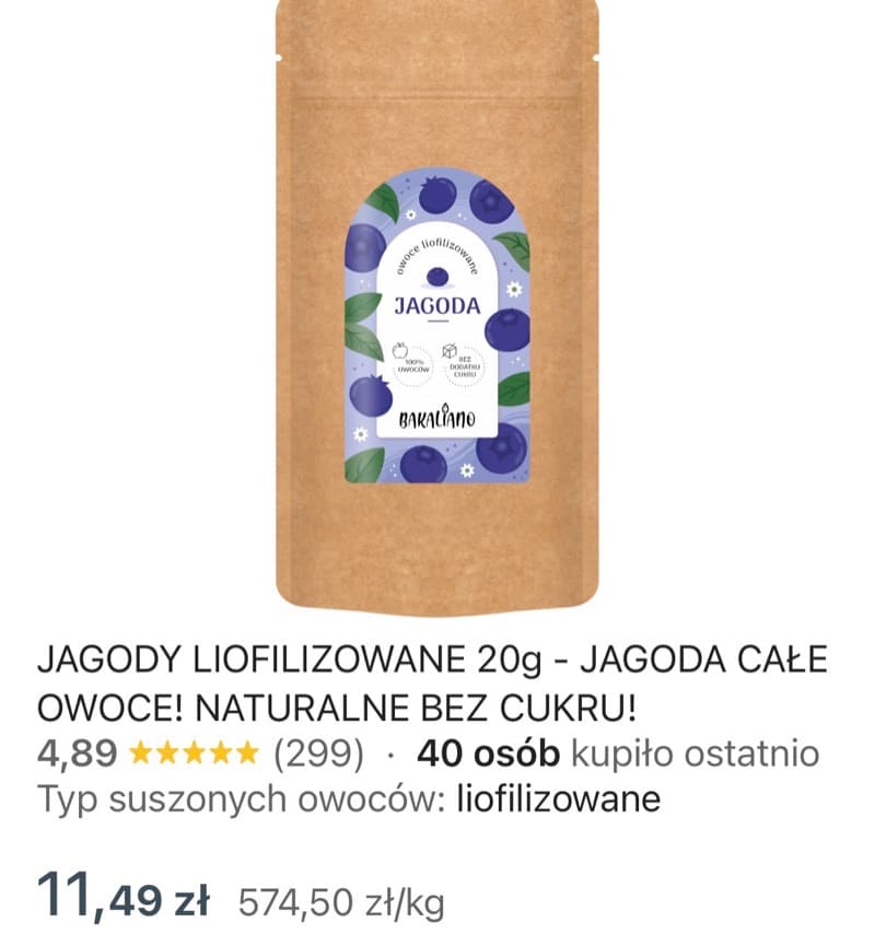 Zrzut ekranu aukcji: Borówka czarna liofilizowana, opakowanie 20 g, 11,49 zł