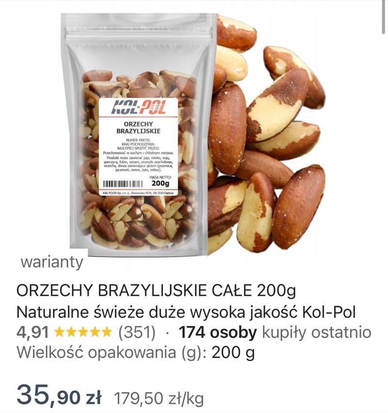 Zrzut ekranu aukcji: Orzechy brazylijskie, opakowanie 200 g, 35,90 zł