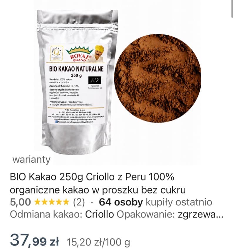Zrzut ekranu aukcji: Kakao BIO niealkalizowane z Peru, opakowanie 250 g, 37,99 zł