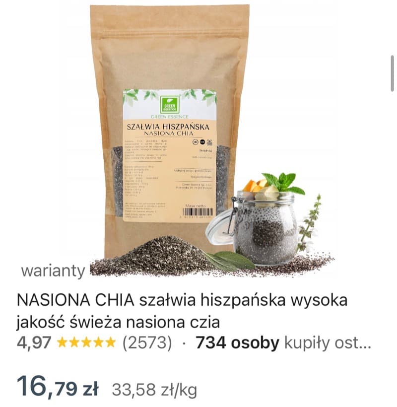 Zrzut ekranu aukcji: Nasiona chia, opakowanie 500 g, 16,79 zł