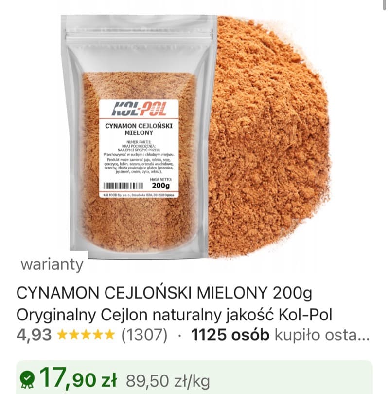 Zrzut ekranu aukcji: Cynamon cejloński, opakowanie 200 g, 17,90 zł