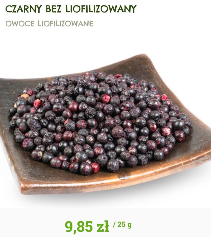 Zrzut ekranu aukcji: Czarny bez liofilizowany, opakowanie 25 g, 9,85 zł