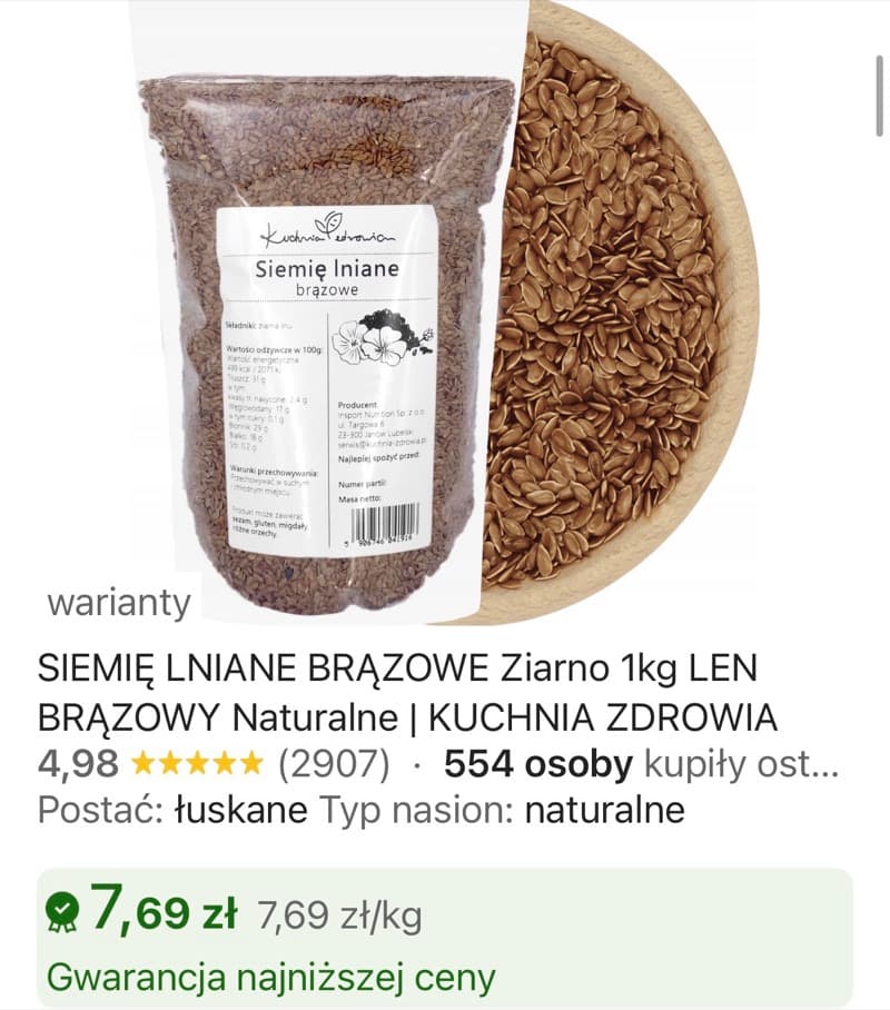 Zrzut ekranu aukcji: Siemię lniane brązowe, opakowanie 1000 g, 7,69 zł