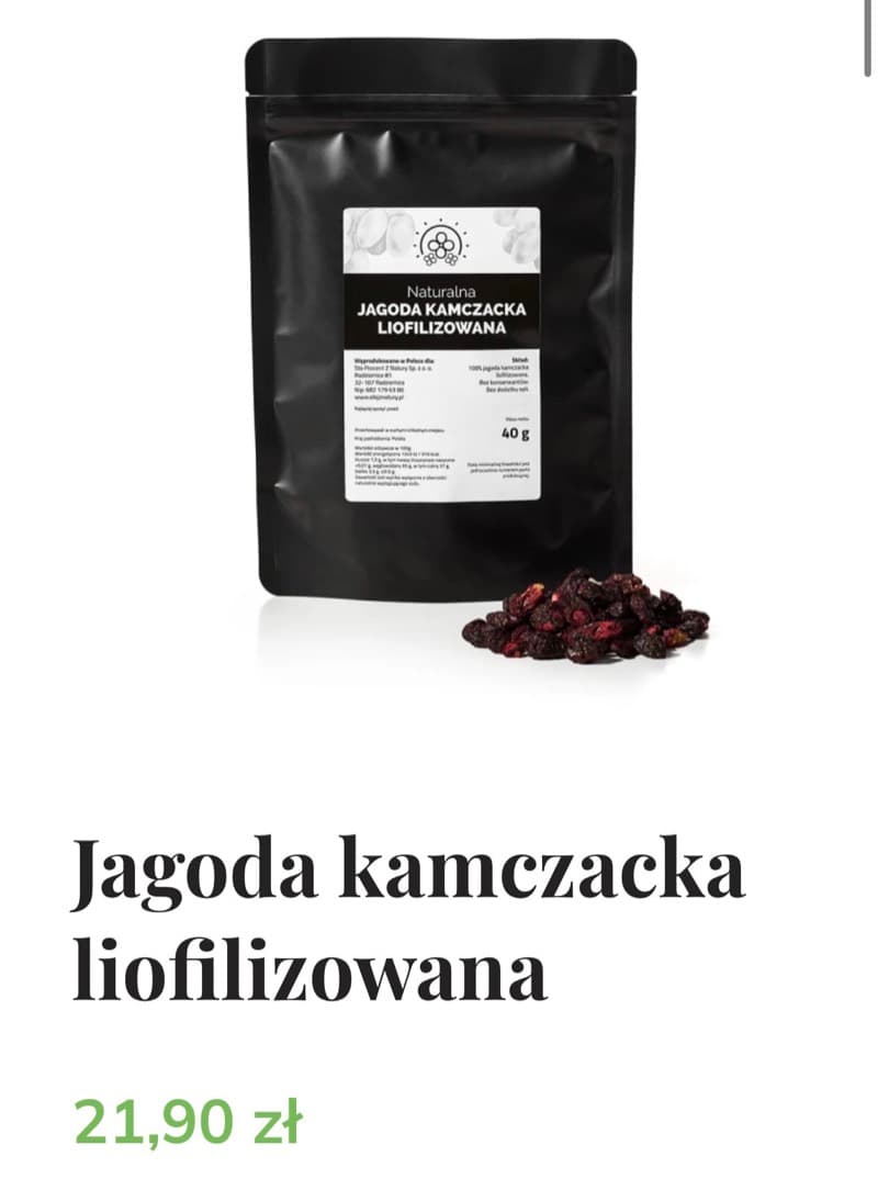 Zrzut ekranu aukcji: Jagoda kamczacka liofilizowana, opakowanie 40 g, 21,90 zł