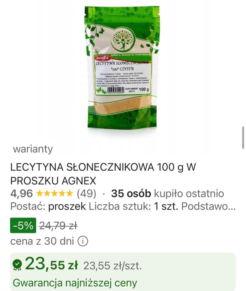 Zrzut ekranu aukcji: Lecytyna słonecznikowa, opakowanie 100 g, 23,55 zł