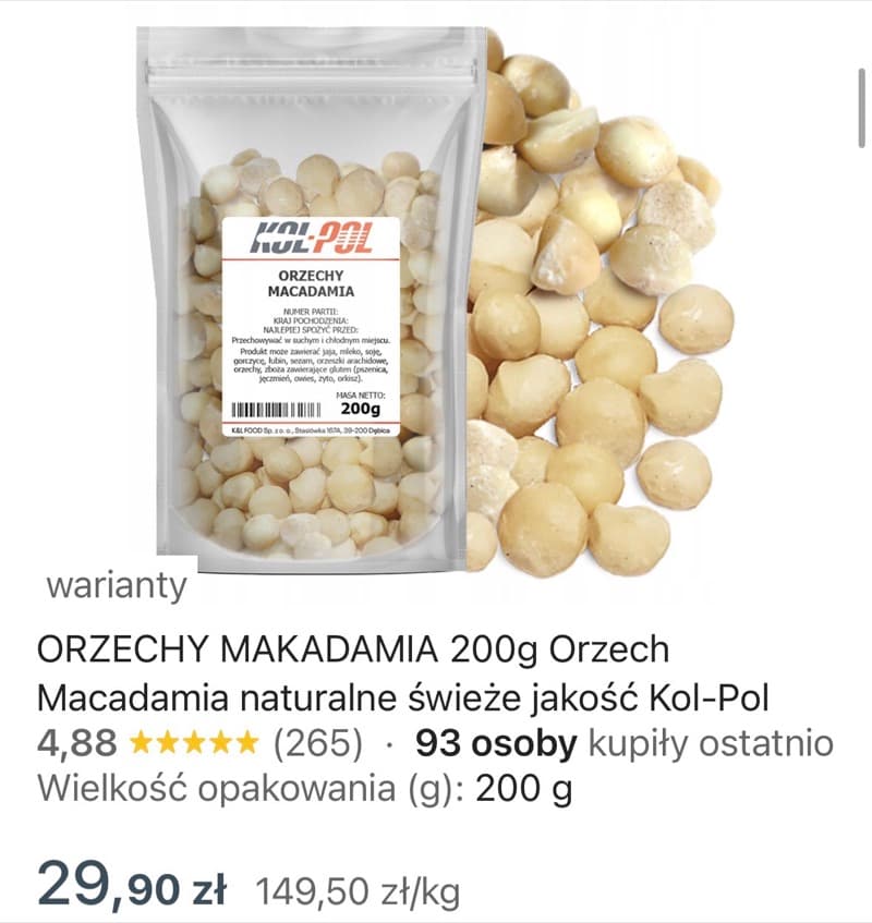 Zrzut ekranu aukcji: Orzechy makadamia, opakowanie 200 g, 29,90 zł