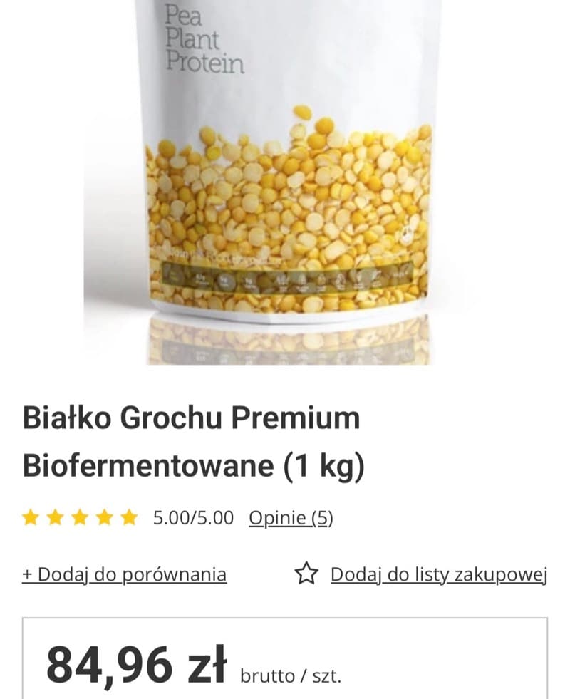 Zrzut ekranu aukcji: Biofermentowany izolat białka grochu, opakowanie 1000 g, 84,96 zł