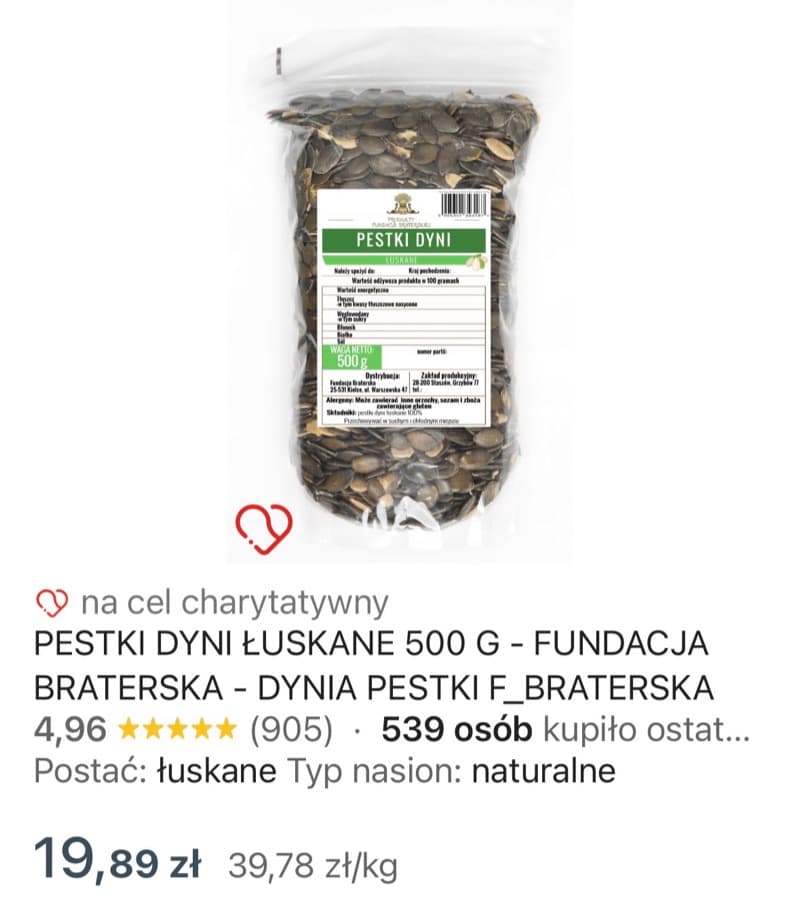 Zrzut ekranu aukcji: Nasiona dyni, opakowanie 500 g, 19,89 zł
