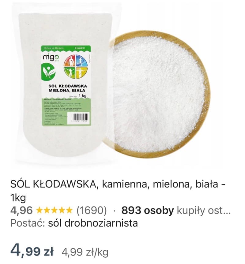 Zrzut ekranu aukcji: Sól kłodawska, opakowanie 1000 g, 4,99 zł