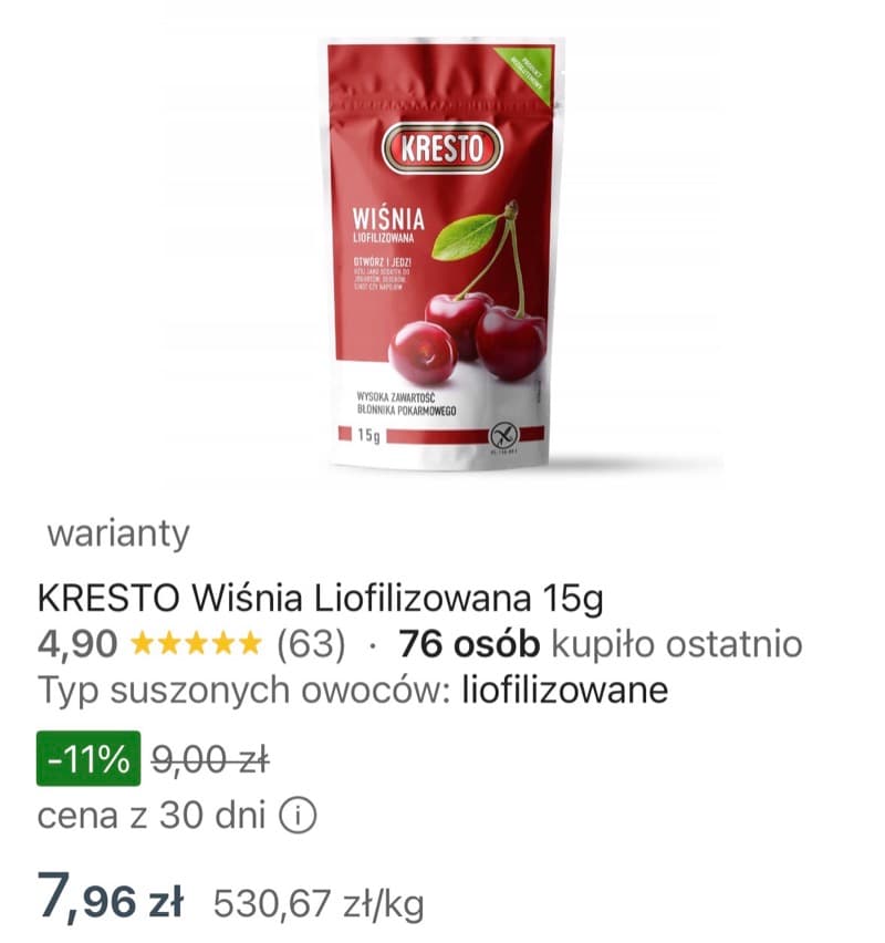 Zrzut ekranu aukcji: Wiśnia liofilizowana, opakowanie 15 g, 7,96 zł