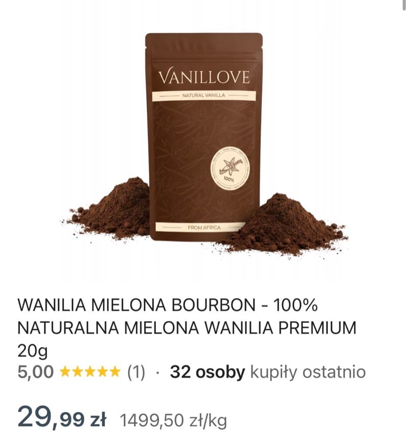Zrzut ekranu aukcji: Wanilia naturalna Bourbon, opakowanie 20 g, 29,99 zł