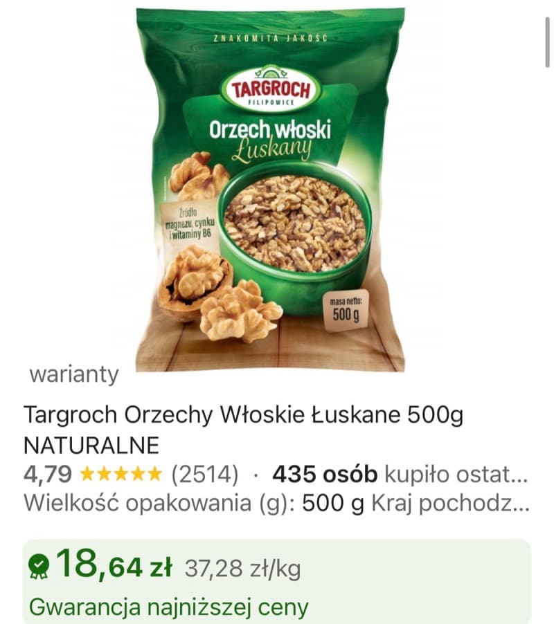 Zrzut ekranu aukcji: Orzechy włoskie, opakowanie 500 g, 18,64 zł